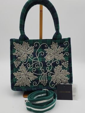America & Beyond Green Plaid Beaded Tote